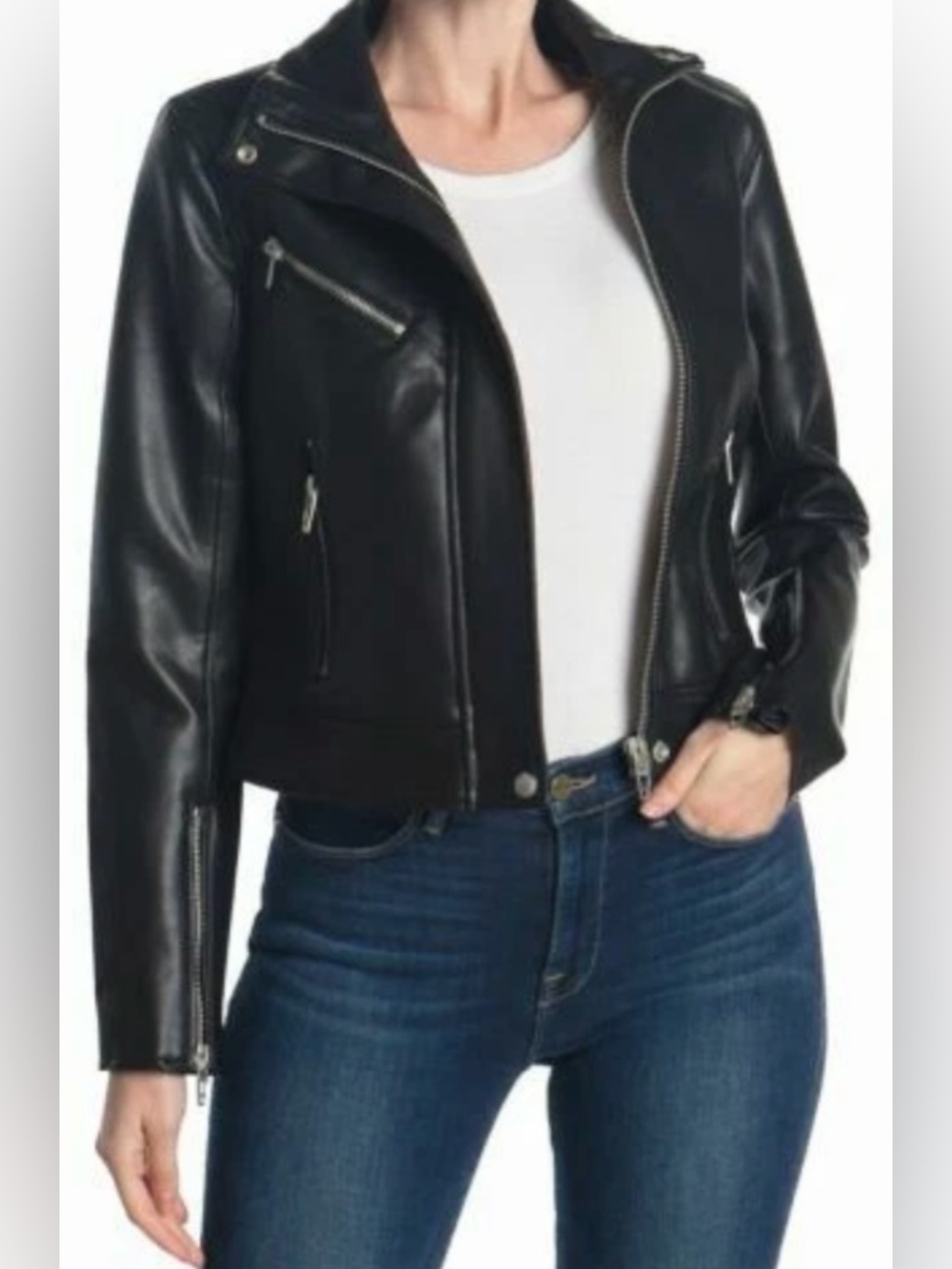 Blank NYC Black Leather Moto Jacket with Stand Collar